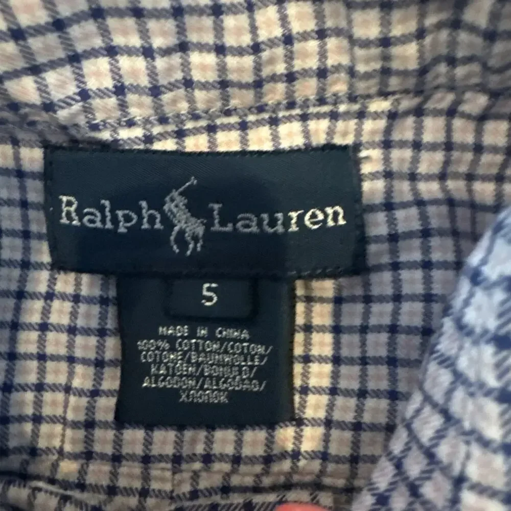Ralph Lauren Boys Blue Check Oxford Cotton Button Down Shirt Size 5 Long Sleeve